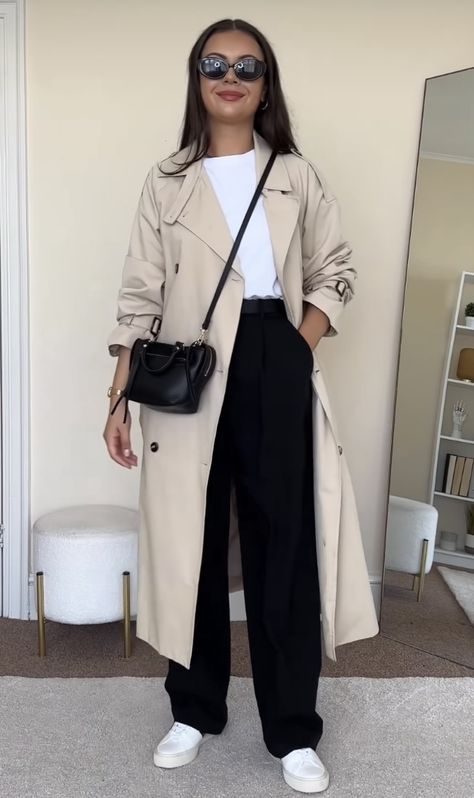 Work Trench Coat Outfit, Mac Outfits Beige, Rose Bag Outfit, Trench Coat With Sneakers, Stone Trench Coat Outfit, Trench Coat Office Outfit, Womens Coats 2023, Trench Coat Women's Outfit, Classy Casual Dresses For Women