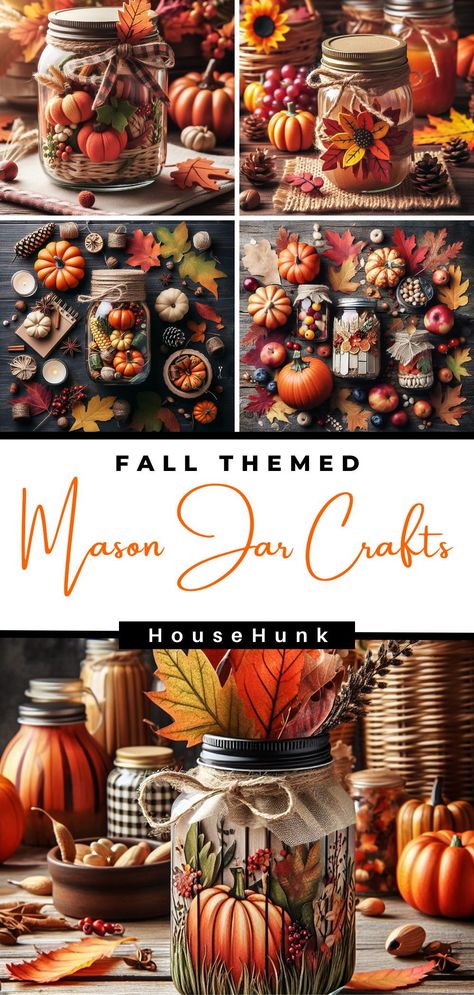 Crafts For Festivals, Fall Crafts With Mason Jars, Fall Jars Decorations, Autumn Mason Jar Crafts, Halloween Mason Jar Ideas, Fall Canning Jars Crafts, Spaghetti Jar Crafts, Upcycled Fall Decorations, Glass Jar Pumpkins