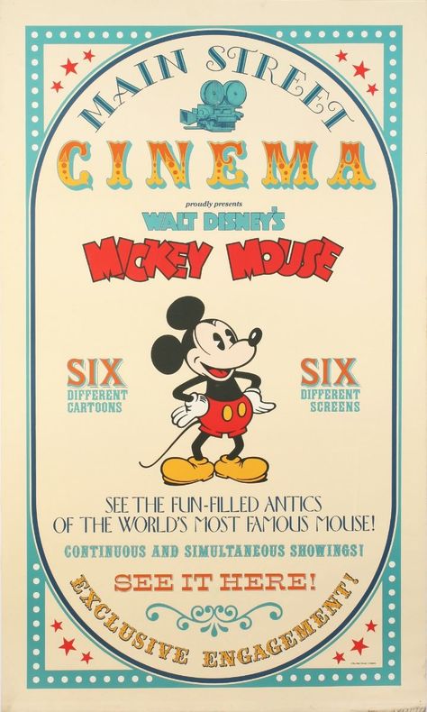 Disneyland "Main Street Cinema" Mickey Mouse Poster. Disneyland Vintage Poster, Mickey Mouse Poster, Vintage Disney Posters, Disneyland Main Street, Disney Countdown, Walt Disney Mickey Mouse, Retro Disney, Disney Posters, Disney Wall