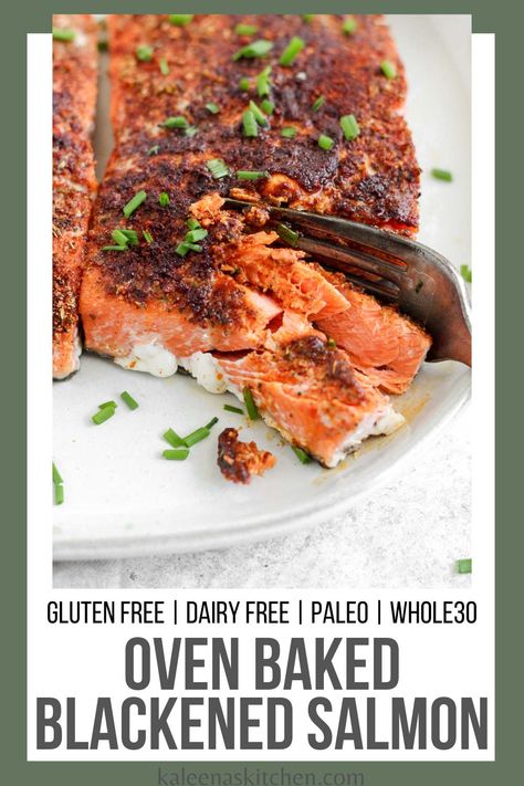 This baked blackened salmon recipe uses simple ingredients to make a perfectly baked cajun-inspired dish in under 20 minutes. Baked Blackened Salmon, Simple Baked Salmon, Blackened Salmon Recipes, Salmon Recipes Oven, Oven Salmon, Easy Whole 30 Recipes, Oven Baked Salmon, Blackened Salmon, Whole 30 Breakfast