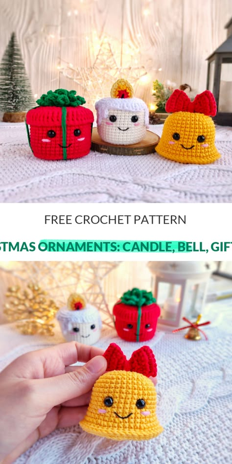 Christmas ornaments: candle, bell, gift box Free Crochet Pattern - This is my first Christmas ornament pattern. I made it as a gift for my daughter's friend. #crochetideas #crochethatpattern #crochetsunhat #crochetpumpkins Winter Crochet Stuffies, Crochet Amigurumi Ornaments, Holiday Crochet Amigurumi, Bell Crochet Pattern Free, Christmas Crochet Ideas Inspiration, Crochet Amigurumi Free Patterns Christmas, Crochet Winter Free Pattern, Christmas Decorations Crochet Free, Christmas Crochet Keychain Pattern