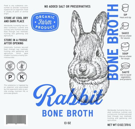 Bone Broth Packaging Design, Bone Broth Packaging, Croquette Packaging, Science Packaging, Modern Labels, Food Label Sticker, Packaging Soap, Rabbit Meat, Frozen Food Packaging