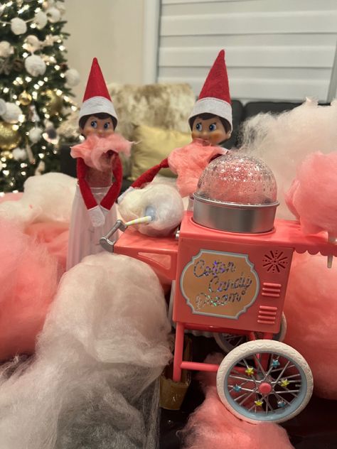 To elf on the shelf toys playing with a cotton candy machine with cotton candy beards Cotton Candy Elf On The Shelf, Elf Cotton Candy, Elf 2023, Tradition Ideas, Shelf Ideas, On The Shelf, Elf On The Shelf, Cotton Candy, Elf