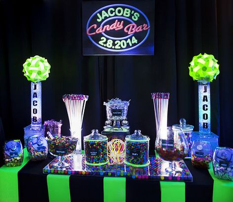 Neon Bar Mitzvah Candy Buffet 3 | Cool Neon Bar Mitzvah Cand… | Flickr Neon Sweet 16, Candy Buffet Party, Glow In Dark Party, Mitzvah Themes, Mitzvah Decor, Bar Mitzvah Party, Buffet Party, Bar Mitzva, Bar Mitzvah Ideas