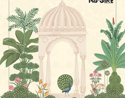 Pichwai Theme Backdrop, Mughal Theme Invitation Cards, Dance Floor Illustration, Flex Backdrop, Pichwai Wallpaper, Invite Illustration, Garden Painting Art, Creative Wedding Invitations Design, Indian Wedding Theme