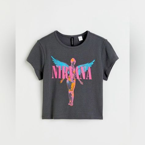 Gray Nirvana Crop Top Nirvana Crop Top, Nirvana Angel, Angel Crop Top, Angel Concept, T Shirt Knot, Black Halter Crop Top, Shirt Knot, Fitted Crop Top, Top Neckline