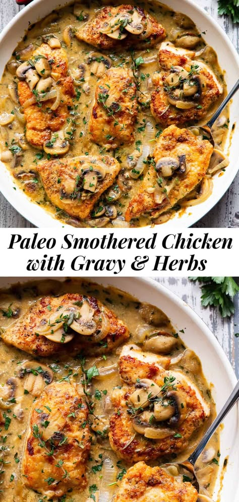 Smothered Chicken With Gravy, Paleo Chicken Breast, Chicken With Gravy, Paleo Entrees, Whole30 Dinner Recipes, Paleo Main Dishes, Paleo Chicken Recipes, Whole30 Keto, Whole30 Dinners