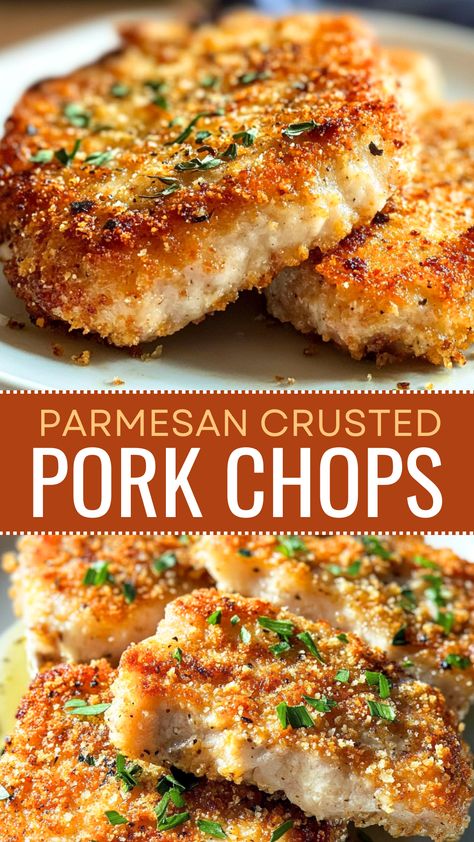 Get ready to impress with these Parmesan Crusted Pork Chops! Crispy on the outside and juicy on the inside, this dish features tender pork coated in a flavorful Parmesan and herb crust. Perfect for a weeknight dinner or a special occasion, save this recipe to bring deliciousness to your table! Pork Chop Recipes Breaded Crumbs, Baked Boneless Pork Chop Recipes Parmesan Crusted, Coated Pork Chop Recipes, Crusted Pork Chop Recipes, Pork Chop Breaded Recipes, Pork Parmesan Recipe, Meal With Pork Chops, Creamy Pork Chop Recipes, Breaded Pork Chop Recipes