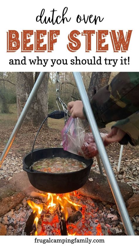 Camp Stew Recipe, Dutch Oven Beef Stew Recipes, Dutch Oven Soup Recipes, Campfire Dutch Oven Recipes, Dutch Oven Soup, Dutch Oven Beef Stew, Campfire Stew, Easy Campfire Meals, Dutch Oven Recipes Cast Iron