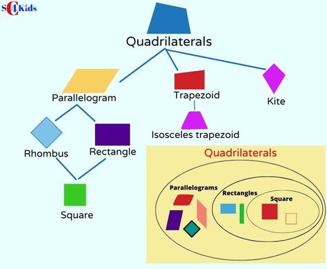 QUADRILATERALS are 2D shapes that are a type polygon with 4 sides and 4 angles. The sum of all interior angles of a quadrilateral is 360 degrees. There are SIX basic types of quadrilaterals: Parallelogram Rectangle. Rhombus Square. Trapezium. Kite Types Of Quadrilaterals, Parallelogram Shape, Quadrilateral Shapes, Teaching Geometry, Kids Math, Math Tutorials, Types Of Shapes, English Phonics, Math 2