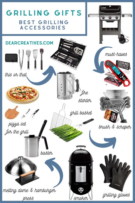 Grilling Gifts - The best grilling accessories - Useful gifts for the person who loves to grill and barbecue. Father's Day gift ideas filled with grilling gifts for dad! Gifts for Him, Father's Day gifts, gifts for BBQ lovers... See the full list of gift ideas at DearCreatives.com Grill Gift Basket Ideas, Grill Gifts, Bbq Gift Ideas, Bbq Gifts For Men, Bbq Grill Gift Basket Ideas, Grilling Themed Gift Baskets, Men Grilling Gifts, Grill Master Gifts For Men, Grill Gift Basket