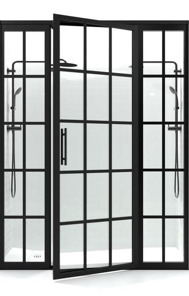 Gridscape GS1 Swing Shower Door with 2 Side Panels in Black with Clear Glass Gridscape Shower Door, Coastal Shower Doors, Pretty Farmhouse, Custom Shower Doors, Framed Shower Door, Craftsman Details, Ghost House, Metal Grid, Matte Black Hardware