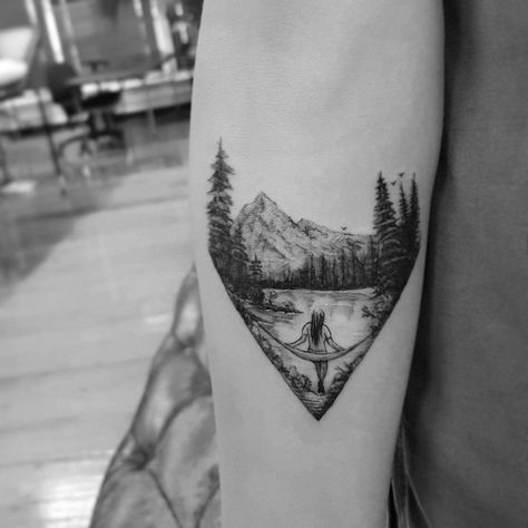 Hiking Tattoos For Women, Hiking Tattoos, Moutain Tattoos, Outdoor Tattoo, Camping Tattoo, Lake Tattoo, Hiking Tattoo, Landscape Tattoo, Geniale Tattoos