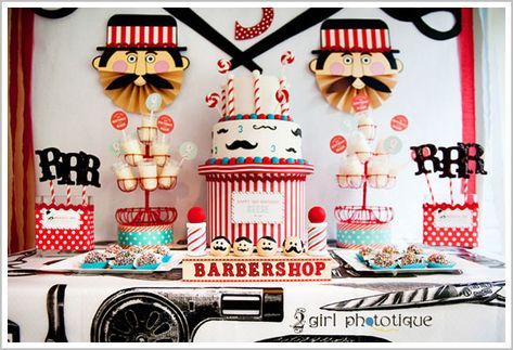 Barbershop themed party - definitely the most creative theme I've seen.  It's so cute! I love the mustaches on the cake. Baby Shower Cupcakes For Boy, Boy Shower Themes, Cupcakes For Boys, Mustache Party, Birthday Themes For Boys, Cake Blog, Boy Baby Shower Themes, Shower Cupcakes, Construction Party