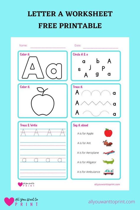 Letter A Worksheet, Kids Preschool Learning, Worksheet For Preschool, Alphabet Kindergarten, Kids Worksheets Preschool, Printable Alphabet Letters, Alphabet Worksheets Preschool, Free Printable Letters, Kindergarten Learning Activities