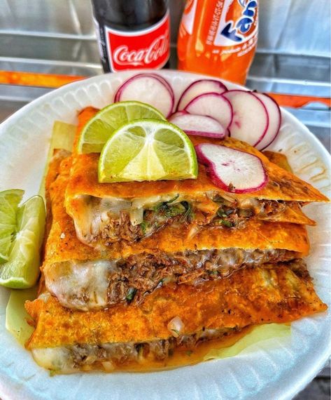 Birria Quesadillas Tacos "Made this... - Mexican Food Recipes | Facebook Birria Quesadillas, Marion Grasby, Just The Two Of Us, Bay Leaves, Quesadillas, International Recipes, Mexican Food, Pot Roast, Salmon Burgers