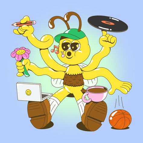 A literal busy bee chatacter with multiple arms juggling activities: work on laptop, bouncing basket all, holding flower, spinning vintl and balancing cup of coffee with foot Juggling Illustration, Bee Character Design, Flower Character Design, Bee Mascot, Bee Character, Multiple Arms, Bee Cartoon, Bee Drawing, Jessica Lee