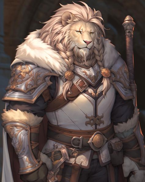 Dnd Character Paladin, Humanoid Animals Warriors, Animal Warriors Character Design, Tabaxi Knight, Leonin D&d, Leonin Paladin, Dnd Leonin, Lion Paladin, Tabaxi Paladin