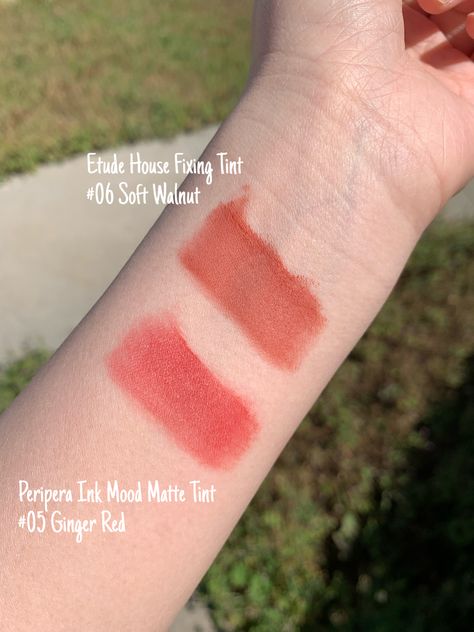 Etude Fixing Tint - Soft Walnut & Peripera Ink Mood Matte Tint Ginger Red Use my code TRIPPING27 to get 2-5% off your entire purchase at yesstyle! Etude Fixing Tint, Tint Etude, Playful Makeup, Fixing Tint, Korean Beauty Brands, Ginger Red, Lip Tints, Brow Liner, Etude House