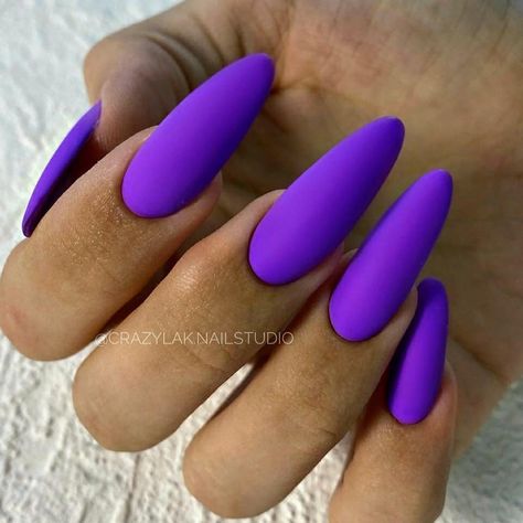 Neon Purple Matte Nails, Matte Purple Nails Almond, Neon Purple Almond Nails, Neon Nails Purple, Neon Purple Nail Designs, Neon Nails Almond Shape, Matte Purple Acrylic Nails, Purple Neon Nails, Neon Almond Shaped Nails