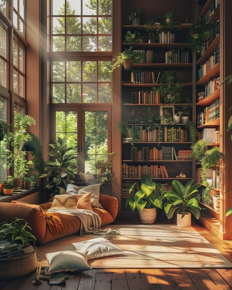 Greenhouse Library Aesthetic, Cottagecore Home Library, Dream Home Library Aesthetic, Library Room Inspiration, Garden Library Aesthetic, Enchanted Library Aesthetic, Garden Art Studio, Zen Library, Cozy Library Aesthetic