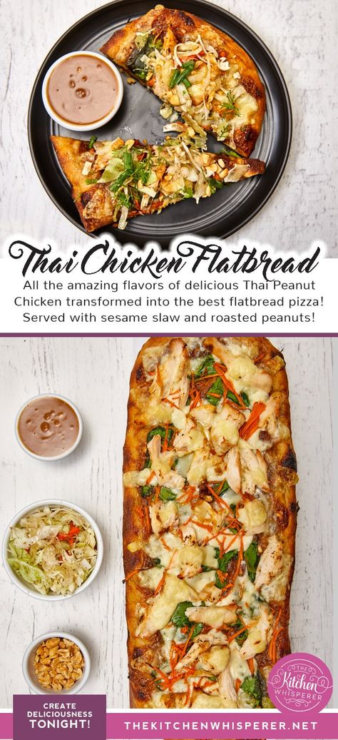 Thai Chicken Flatbread, Flatbread Pizza Recipes Chicken, Healthy Fried Chicken Recipes, Sesame Slaw, Thai Pizza, Chicken Sesame, Chicken Flatbread Pizza, Healthy Fried Chicken, Peanut Butter Chicken