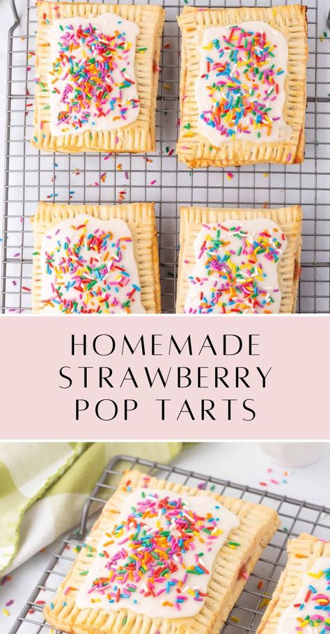 These homemade strawberry pop tarts are absolutely amazing. The dough is flaky and the fresh strawberry jam filling is the perfect addition to these pop tarts! Pop Tart Recipe Homemade, Homemade Strawberry Pop Tarts, Easy Pop Tart Recipe, Strawberry Poptart Cookies, Homemade Poptarts Recipe, Poptart Recipe Homemade, Homemade Kids Snacks, Homemade Poptart, Homemade Strawberry Filling