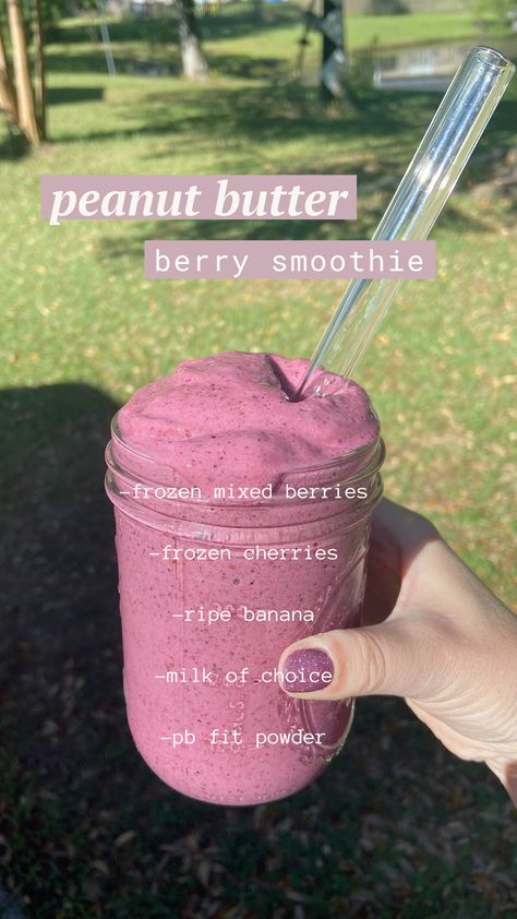 try this for a filling and yummy smoothie!!✨✨with berries for antioxidants, banana for potassium, and peanut butter powder for protein! #smoothie #smoothierecipe #recipe #lowcarb #breakfast #breakfastideas #food #healthy #healthyfood #healthyrecipe Protien Smoothies Recipes No Powder, Chocolate Protein Powder Smoothie, Protein Powder Smoothie Recipes, Workout Recovery Smoothie, Healthy Mixed Berry Smoothie, Mixed Berry Protein Smoothie, Berries Smoothie, Berrie Smoothie Recipes, Healthy Protein Smoothies