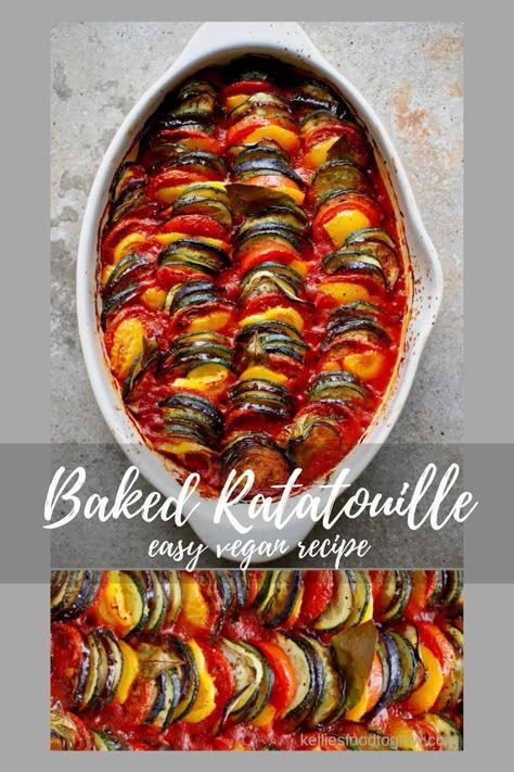 The prettiest way to eat your vegetables - Baked Ratatouille Tian for easy summer entertaining or family meals.  #ratatouille #vegan #recipe Vegan Summer Meals, Baked Ratatouille Recipe, Baked Ratatouille, Vegan Family Meals, Easy Ratatouille Recipes, Ratatouille Disney, Ratatouille Recipe, Healthy Vegan Dinner, Meals Vegan