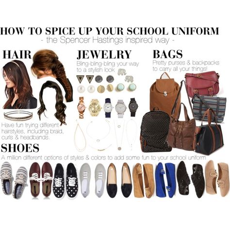 Spencer Hastings Makeup, Spencer Hastings Outfits, Preppy Chic Outfits, School Uniform Accessories, Everyday Bag Essentials, Hot Weather Outfits, School Uniform Outfits, Spencer Hastings, Preppy Chic