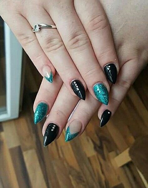 Nails Black And Turquoise, Black And Turquoise Nails, Turquoise And Black Nails, Teal And Black Nails, Black And Teal Nails, Black Almond Nails, Formal Ideas, Teal Nails, Turquoise Nails