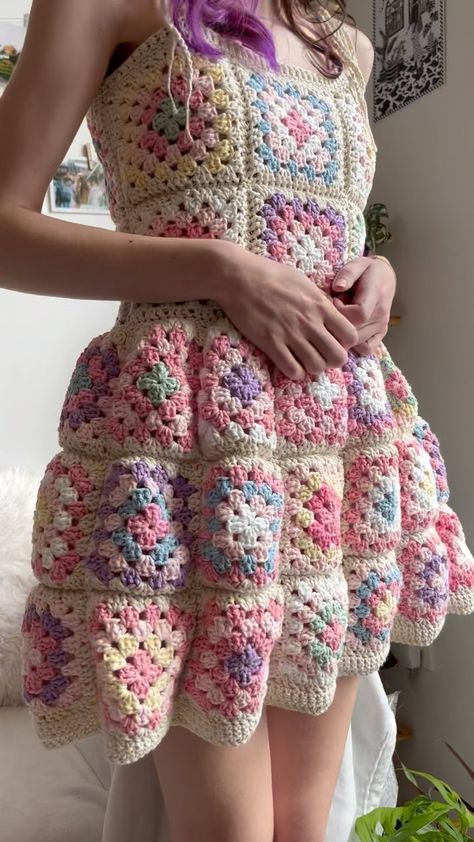 made.bykenzie on Instagram: 💕 Introducing my Granny Square Dress 💕 It was a joy to test the granny peplum pattern for @iam.lanka ☺️ Pattern coming next week!! ~ I’ve… Crochet Dress Square, Crochet Granny Square Romper, Crochet Clothes Granny Square, Crochet Dress Granny Square, Granny Square Dress Pattern Free, Granny Square Skirt Pattern, Granny Square Crochet Clothes, Crochet Granny Square Dress Pattern, Granny Square Clothing