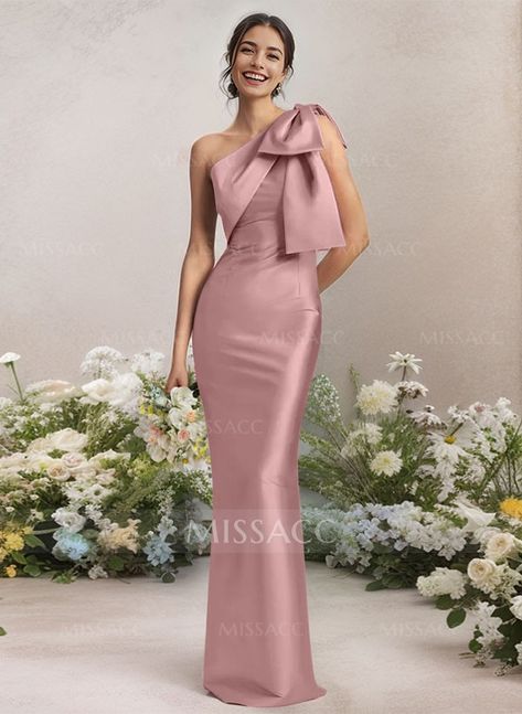 Sheath/Column One-Shoulder Satin Bridesmaid Dresses With Bow(s) Dress With Bow On Shoulder, Bridesmaid Dresses With Bow, Maid Of Honor Dresses, Dresses With Bow, Uzun Boy, Sparkle Wedding Dress, Coral Blush, Dress Bow, July Wedding