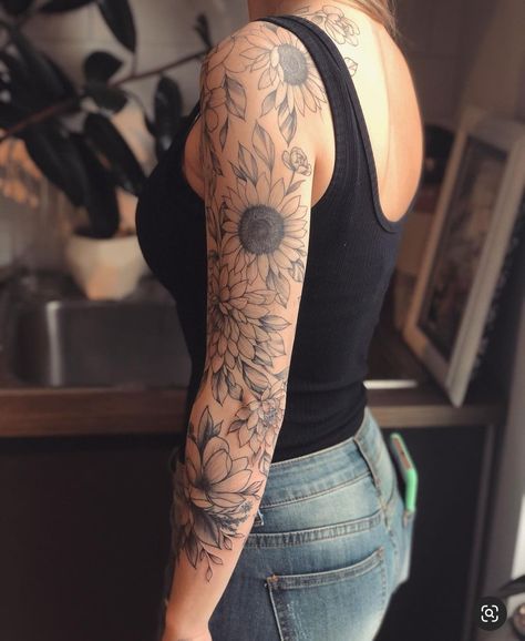 Sunflower Sleeve, Gardenia Tattoo, Sunflower Tattoo Sleeve, Magnolia Tattoo, Bestie Tattoo, Feminine Tattoo Sleeves, Tattoo Shading, Tattoo Now, Sunflower Tattoos