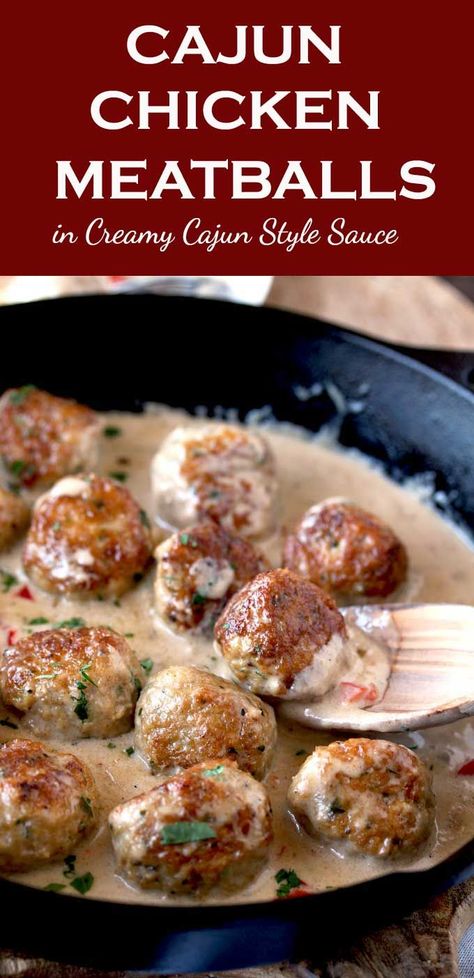 These Cajun Chicken Meatballs are tender, juicy and packed with flavor. Perfectly golden brown and smothered in a rich and creamy Cajun sauce.  Serve them over pasta, rice or with some toasty bread. This one-pot meal will become a family favorite! #meatballs #Cajun #chicken #gravy Cajun Meatballs And Gravy, Cajun Chicken Gravy, Cajun Meatballs, Creamy Cajun Sauce, Cajun Cream Sauce, Meatballs And Gravy, Cajun Sauce, Chicken Meatball Recipes, Cajun Food