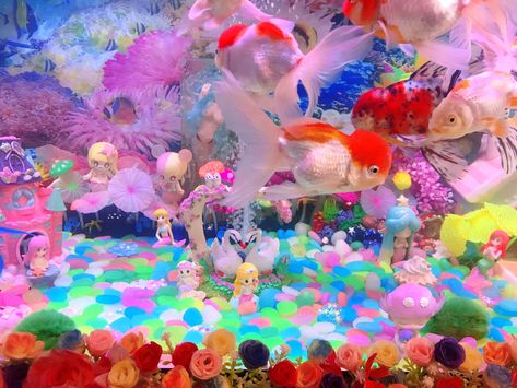 Fish tank decoration Girly Fish Tank Ideas, Kawaii Fish Tank, Kawaii Aquarium, Fish Perspective, Kawaii Goldfish, Cool Fish Tank Decorations, Tropical Core, Goldfish Aquarium, Goldfish Tank