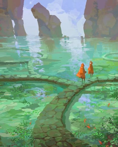 Fantasy Background Art, Sea Drawing Ideas, Lake Concept Art, How To Draw Landscape, Walking On Water Art, Landscape Concept Art, How To Draw Water, Epic Landscape, Fantasy Sea