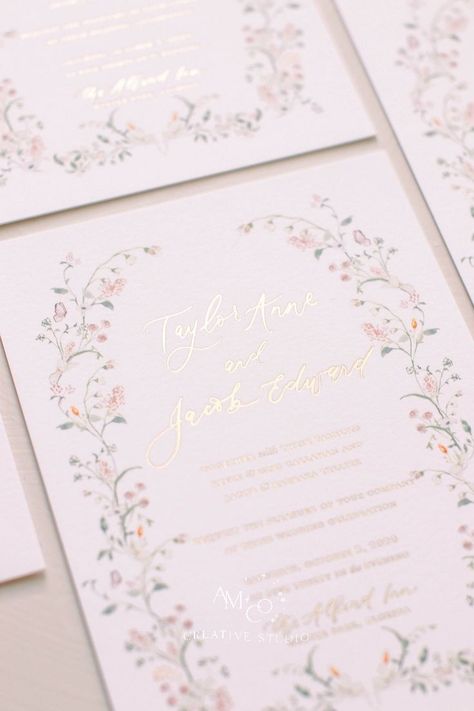 We covered these invited with these cute floral details and paired it with gold leaf lettering. We think it was the perfect combination and just screamed bridal! Lunch Invitation, Cards Packaging, Elegant Wedding Inspiration, Bridal Invitations, Stationery Inspiration, Wedding 2025, Beautiful Wedding Invitations, Invitation Ideas, Peach Wedding