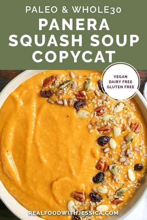 This Paleo Whole30 Squash Soup is creamy, healthy, packed with flavor, and perfect for fall! Butternut squash and pumpkin come together with apples and onions to create a savory soup with just the right amount of sweetness. It's dairy free, and gluten free. #panerasoup #paleo #glutenfree #healthy #easyrecipe #dairyfree | realfoodwithjessica.com via @realfoodwithjessica