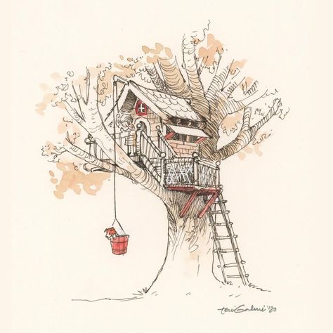 Winter illustrations Tree House Drawing, Landscape Pencil Drawings, Magical Tree, Magic Treehouse, Watercolor Projects, Dark Art Illustrations, Art Supply, House Drawing, Amazing Drawings