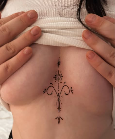 Celestial Underboob Tattoo, Aries Sternum Tattoo, Mia Sayoko Tattoos, Chest Tatoos Woman, Cool Sternum Tattoos, Cute Aries Tattoo, Aries Tattoo For Women, Women Chest Tattoos, Small Sternum Tattoo