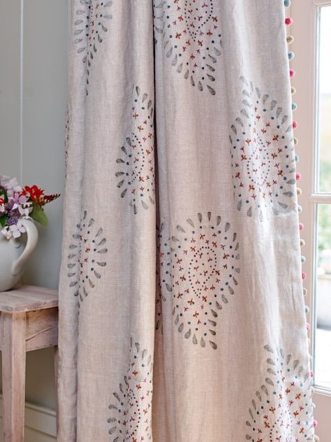 Hand stitched hand embroidered Malathi Made to Measure curtains are simply stunning. Advised for large windows. Hand Embroidered Curtains, Aubergine Sofa, Curtain Pelmet, Cottage Lounge, Curtains And Pelmets, Embroidered Curtains, Painted Curtains, Susie Watson, Voile Panels