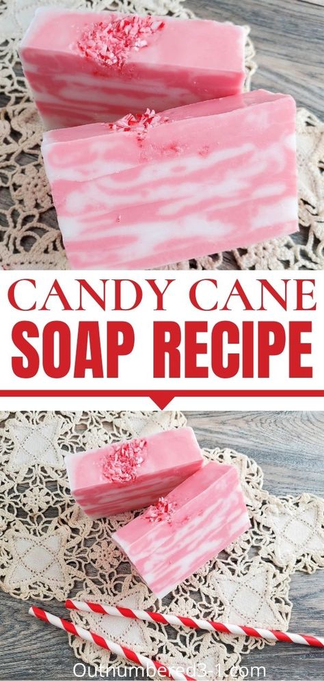 Candy Cane Soap DIY - Outnumbered 3 to 1 Peppermint Soap Diy, Candy Cane Soap, Diy Christmas Candy, Easy Soap Recipes, Diy Soap Recipe, Homemade Body Care, Peppermint Soap, Handmade Soap Recipes, Holiday Soap