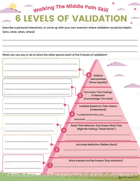 DBT 6 Levels Of Validation Worksheet – Mental Health Center Kids 6 Levels Of Validation, Gottman Worksheets, Self Development Worksheets, Safe Relationships, Communication Skills Activities, Dbt Skills Worksheets, Dbt Activities, Cbt Therapy Worksheets, Counselling Tools