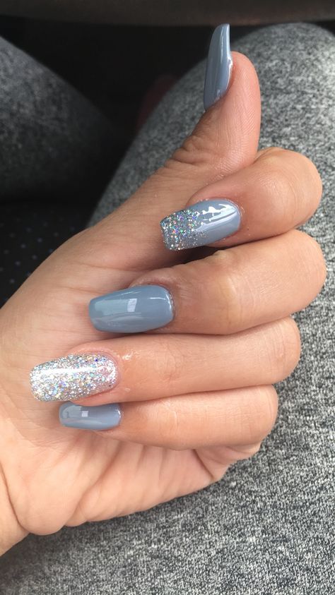 Denim And Diamond Nails Ideas, Dusk Blue Nails, Elegant Winter Acrylic Nails, Homecoming Blue Nails, Nails For Dusty Blue Dress, Wedding Nails For Bride Dusty Blue, Dusty Blue Bridesmaid Nails, Cinderella Prom Nails, Dusty Blue Nail Art