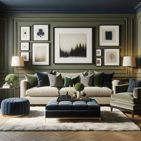 olive green and navy blue living room Olive And Teal Living Room, Navy And Olive Bedroom, Green Navy Living Room, Navy And Olive Living Room, Olive Green Room Ideas, Olive Green Decor Living Room, Navy And Green Living Room, Olive Green Living Room Color Scheme, Olive Green Lounge