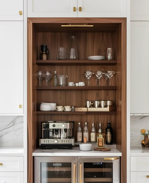 taylor basilio - online interior designer | swipe to redefine your hosting game! 🍸✨ whether you’re a cocktail or coffee enthusiast or love hosting gatherings, our latest carousel… | Instagram Built In Dry Bar Living Room, Coffee And Bar Station, Aunt Activities, Kitchen Beverage Center, Coffee Cupboard, Niche In Wall, Coffee Bar Inspiration, Wine Cabinet Design, Built In Coffee Bar