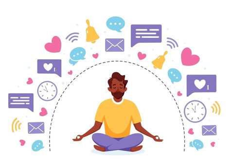 Information detox and meditation. Black man meditating in lotus pose. Digital detox concept. Vector illustration. Meditation Vector, Man Meditating, Meditation For Health, Detox Day, Lotus Pose, Digital Detox, Black Man, Ux Design, Black Men