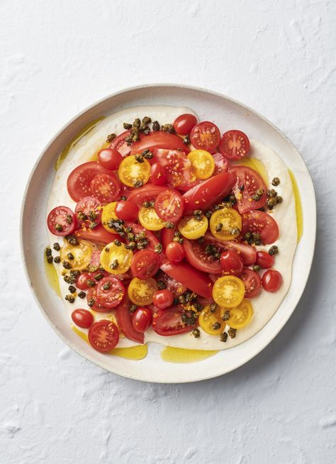 Mixed Tomato Salad with Tahini Yoghurt and Crisp Capers » Dish Magazine Tomato Caper Salad, Salad With Capers, Dish Magazine, Blue Zones Recipes, Yogurt Curry, Capers Recipe, Zone Recipes, Baked Tomatoes, Gluten Free Dishes