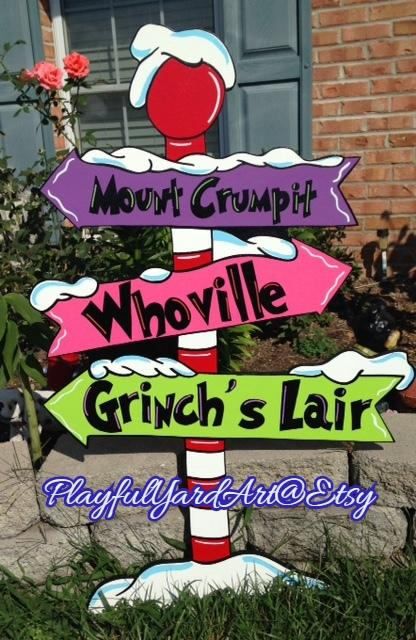 Hello,Welcome to my store :) whoville grinch yard art decoration if you would like any colors changed or different wording please send me a message Made on exterior grade MDO 1/2 inch wood.This insures quality work with a nice smooth face. Each piece is drawn by hand by me,then Whoville Sign, Grinch Yard Art, Grinch Yard Decorations, Grinch Village, Whoville Christmas Decorations, Seussical Jr, Grinch Sign, Christmas Hallway, Grinch Crafts